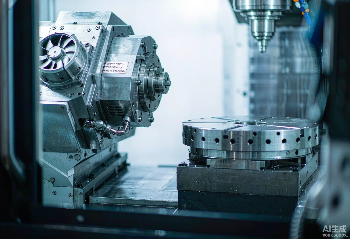 Close-up of a precision CNC machining center spindle and rotary table under blue inspection lighting