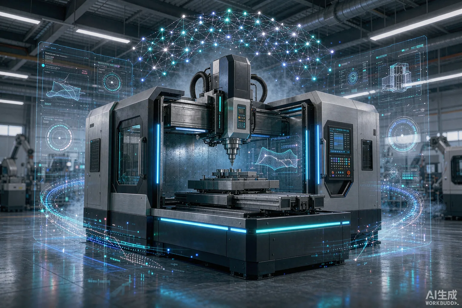 A five-axis CNC machining center in a smart Chinese factory with holographic AI data overlays