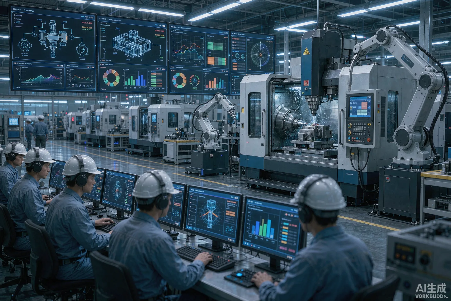 Engineers reviewing AI-assisted toolpaths on a CNC controller inside a Chinese machine tool plant