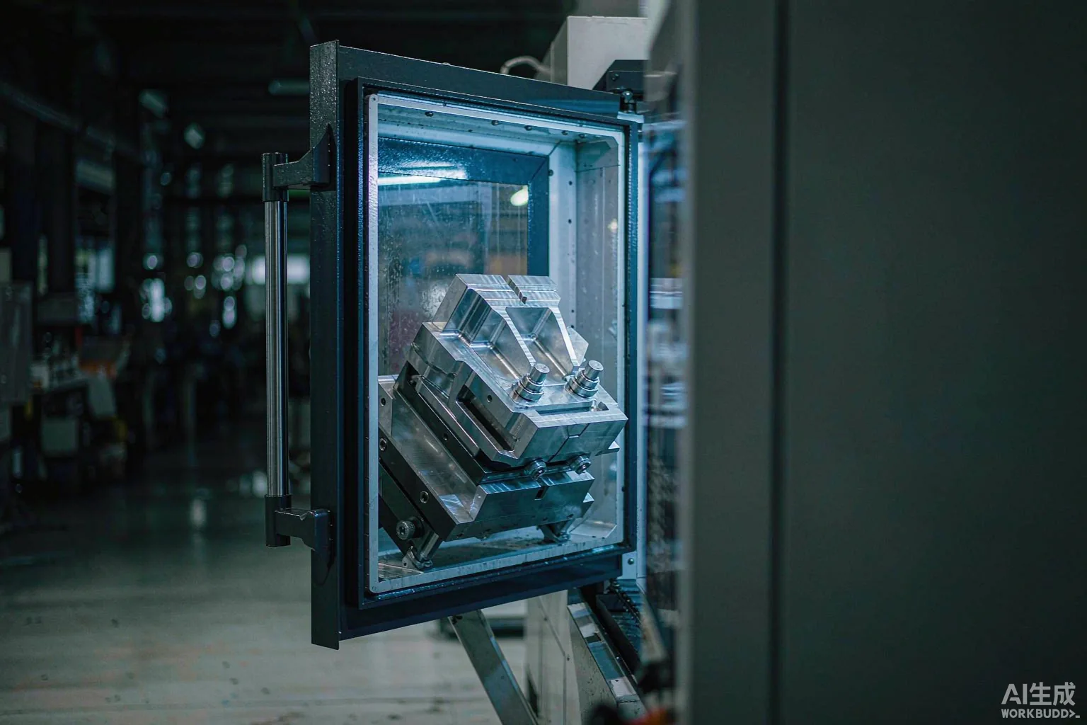 A CNC machining center with its door open showing a freshly machined aluminium aerospace bracket under cool blue work light