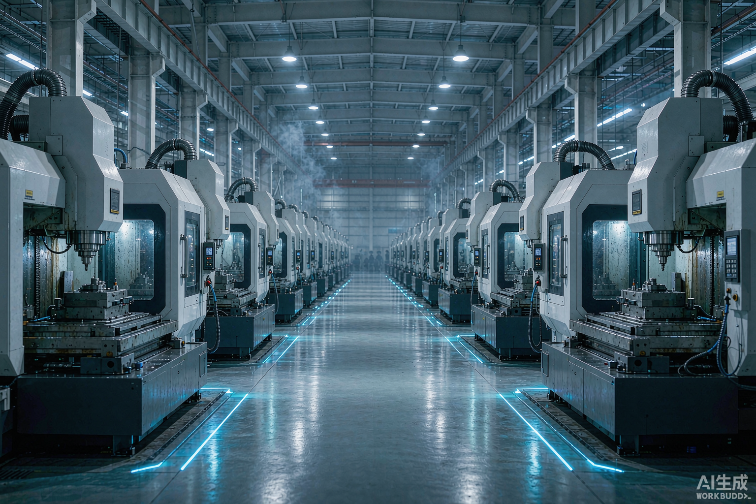 Modern Chinese smart factory floor with rows of five-axis CNC machining centers under blue accent lighting