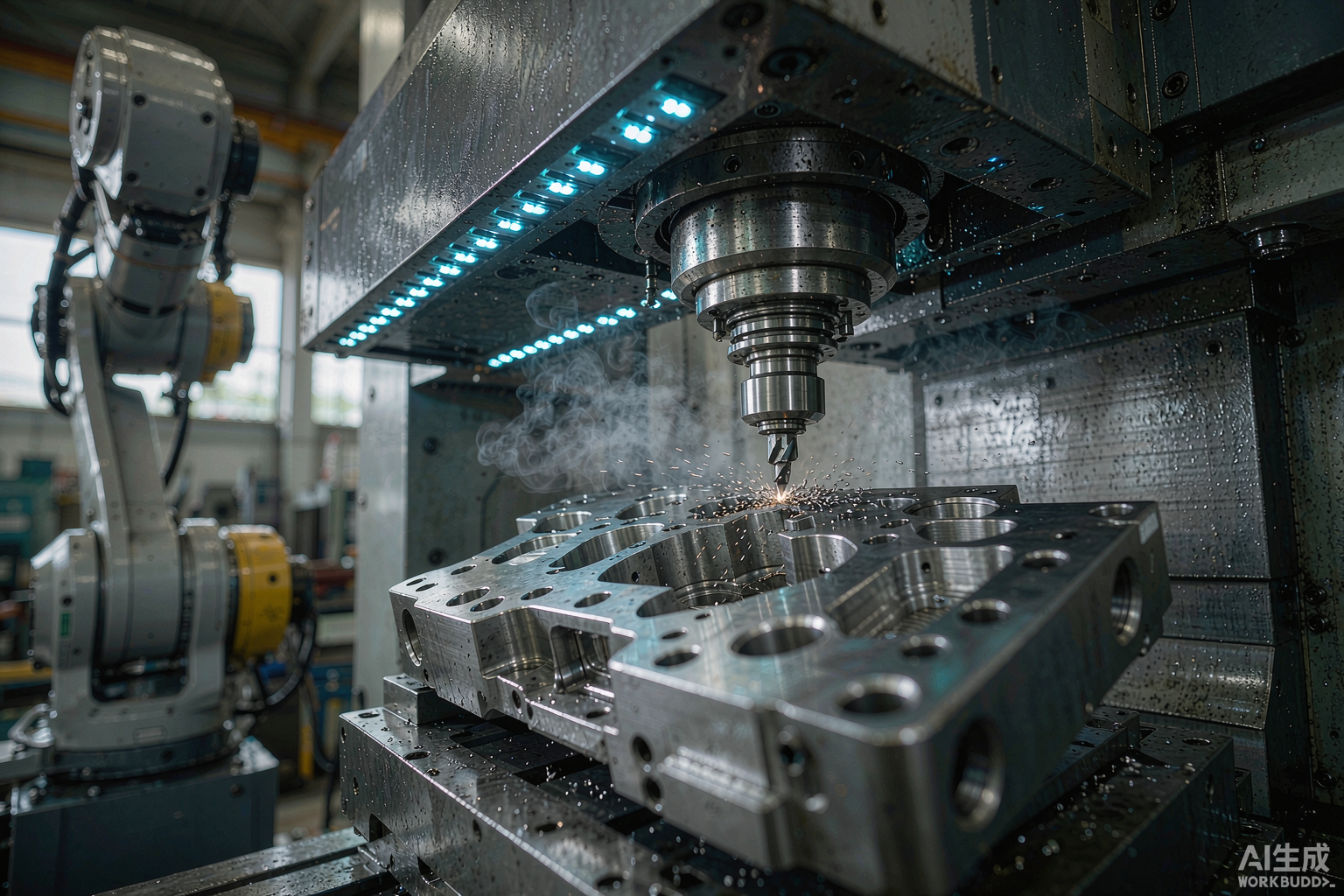 Five-axis CNC machining center milling a precision aluminum aerospace bracket with cooling mist