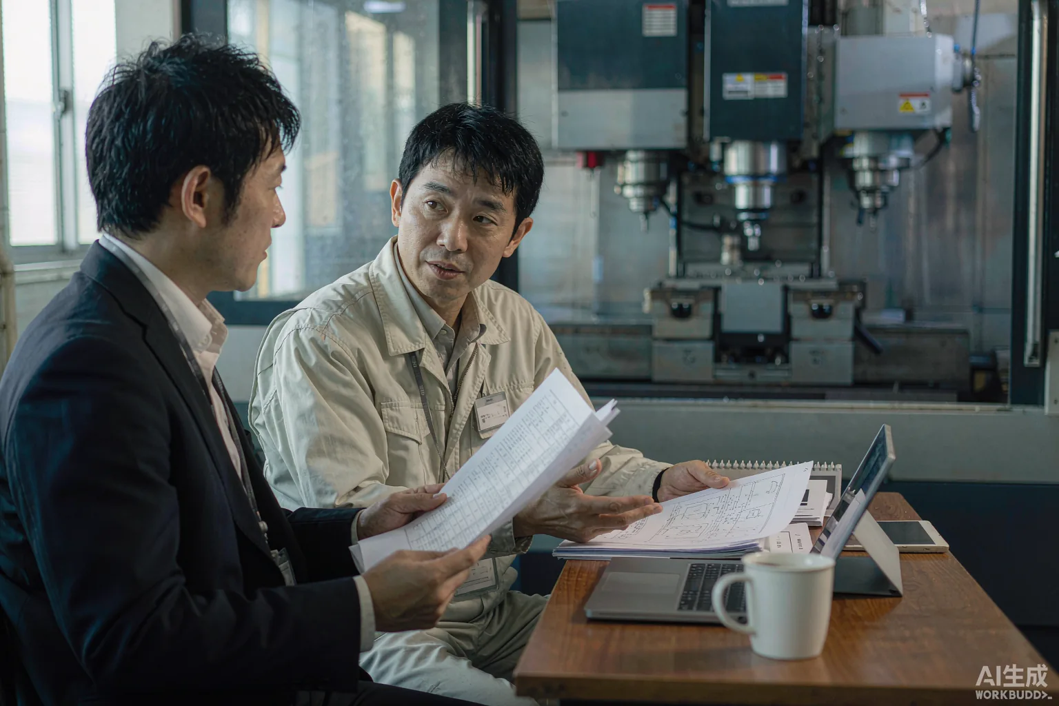 Two people reviewing technical documents at a CNC machine tool factory with a large machining center visible behind glass
