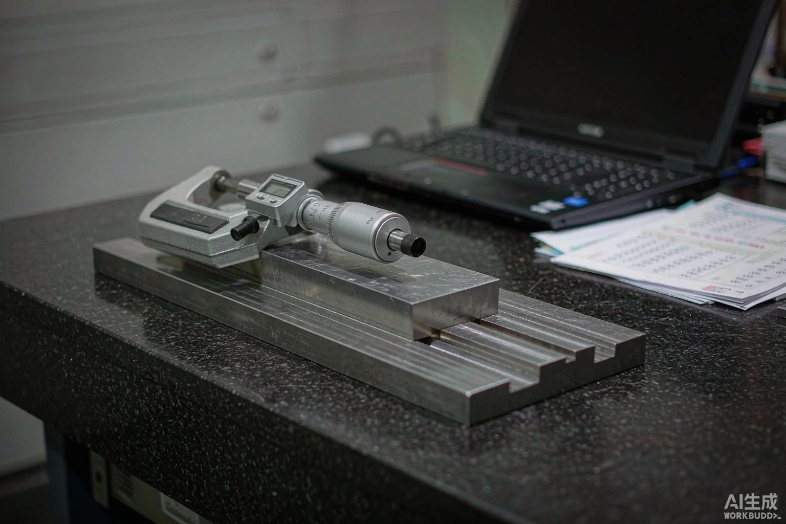 Close-up of a machined metal part being measured with a calibrated gauge on a granite surface plate in a metrology room