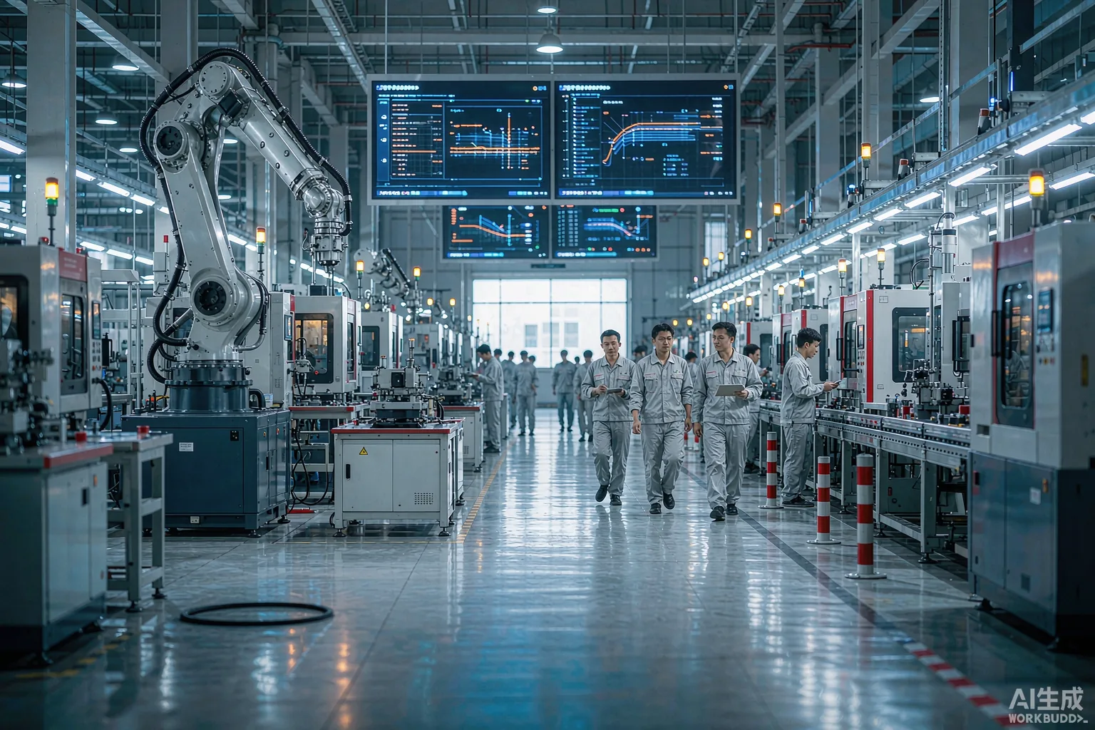 Wide view of a modern connected factory floor in China with rows of CNC machining centers and overhead digital production dashboards