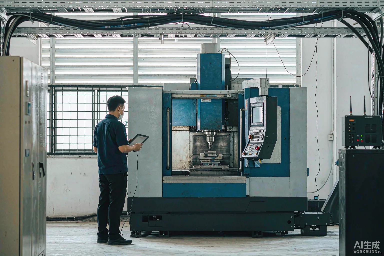 Technician with a tablet monitoring machine data beside a vertical CNC machining center in a connected workshop