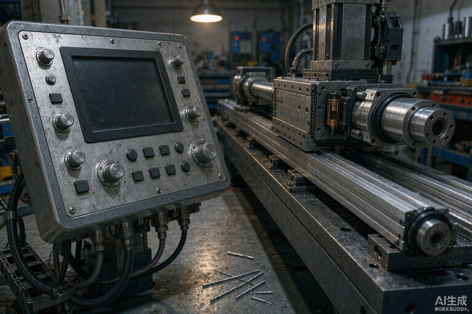 Close-up of a CNC control panel and servo-driven axis on a Chinese machining center