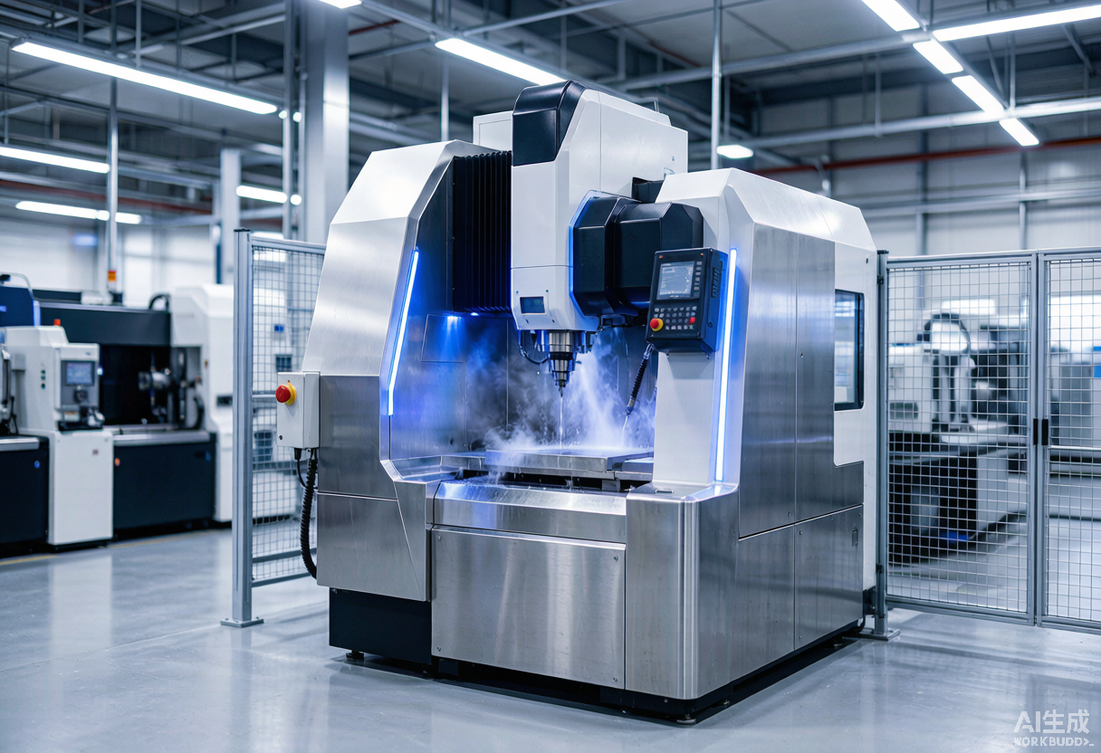 Five-axis CNC machining center in a high-tech factory