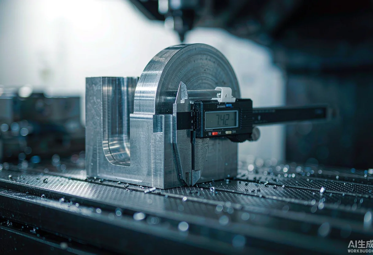 Close view of a machined aluminium component being measured on a CNC machining center table