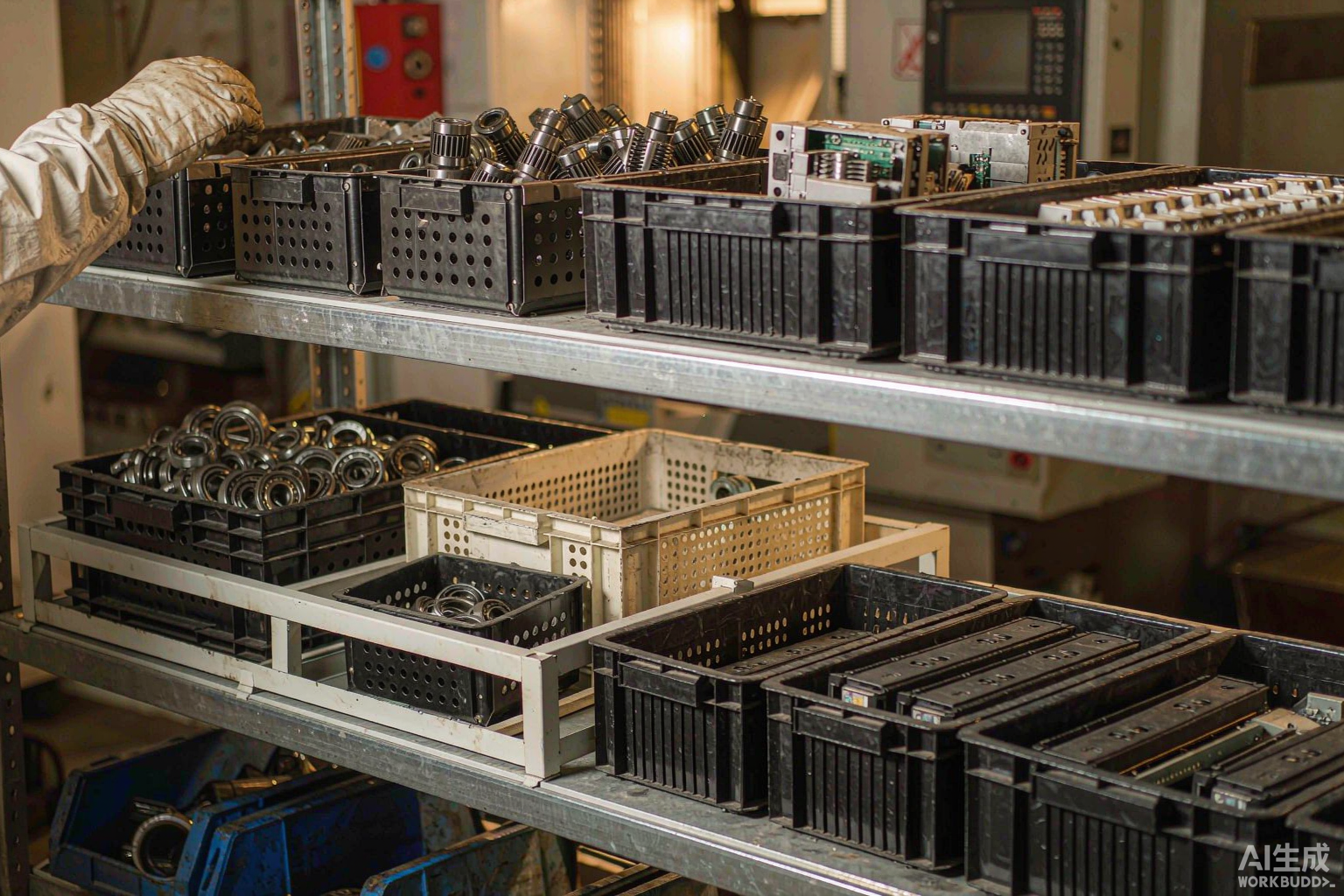 CNC spare parts storeroom with boxed spindles, drives and control modules on labelled shelves