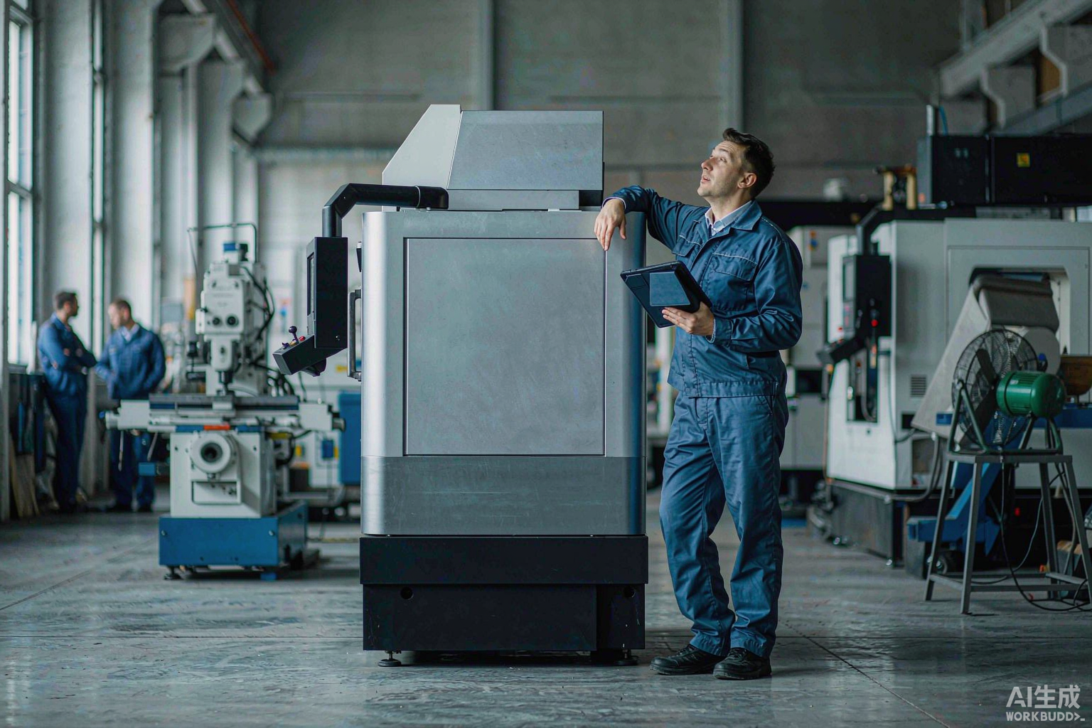 Service engineer with a tablet beside an installed CNC machining centre on a factory floor