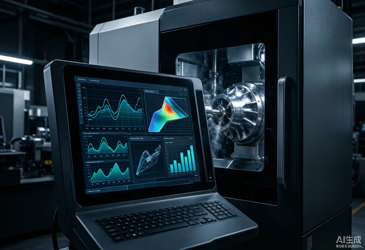 Five-axis CNC machining center with an AI-assisted control interface optimizing cutting parameters in real time