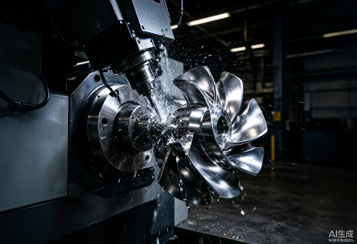 Five-axis turn-mill machining center cutting a complex impeller part