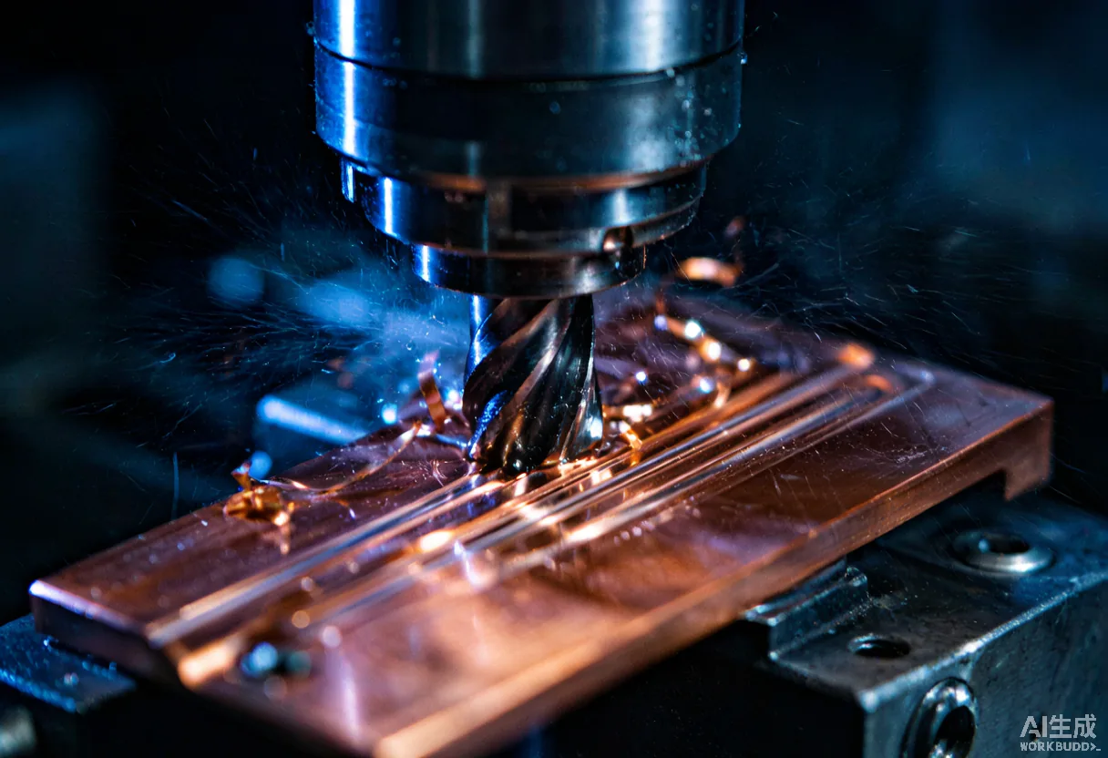 Close-up of a CNC end-mill cutting micro-channels into a red copper liquid-cooling plate for AI servers