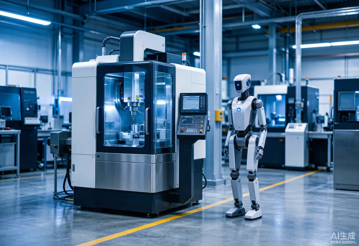 A five-axis CNC machining center beside a humanoid robot on a modern smart-factory floor with blue industrial lighting