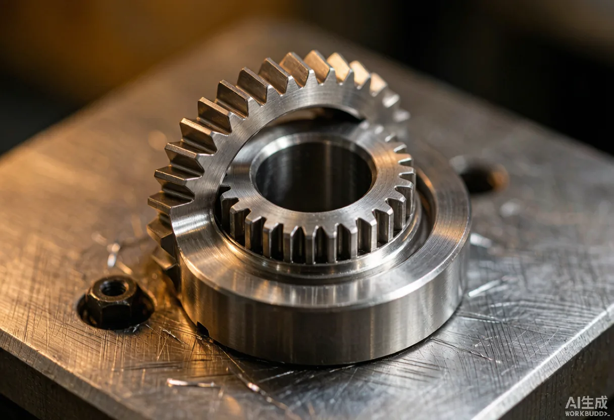 Macro photograph of a precision harmonic drive gear freshly machined from stainless steel