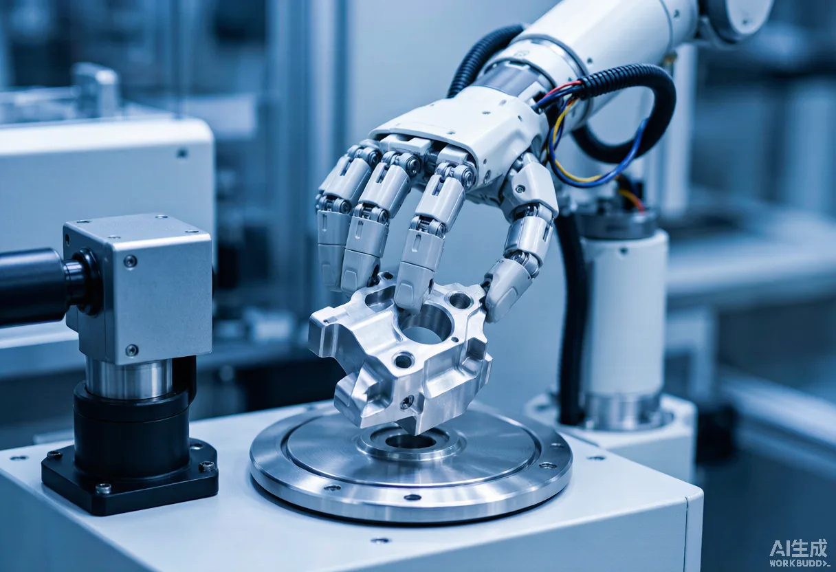 An anthropomorphic robotic hand placing a milled aluminum part onto a fixture in a clean assembly cell