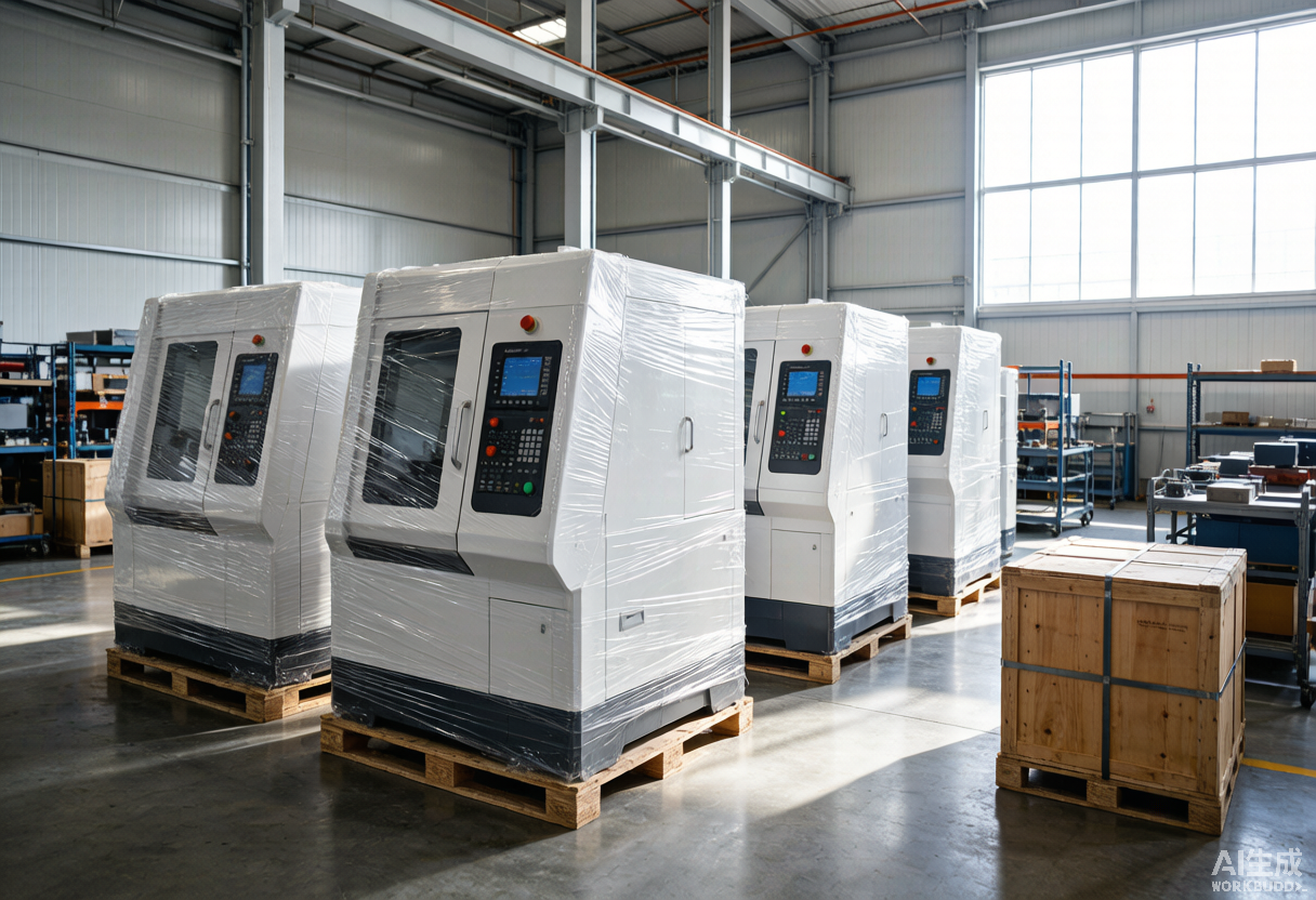 Brand-new CNC machining centers shrink-wrapped and crated for export