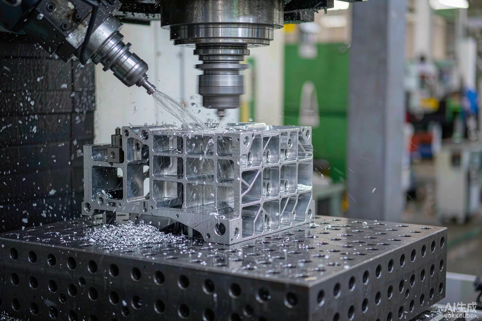 CNC machining center finishing an aluminum automotive structural part