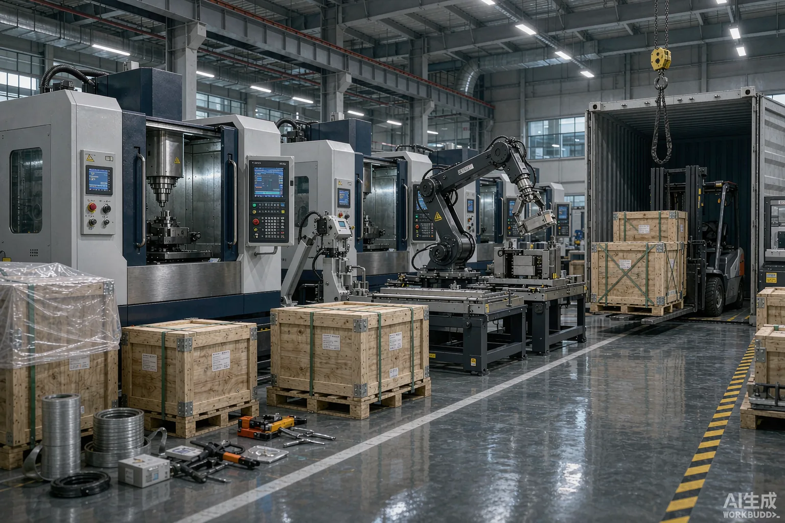 A complete Chinese CNC production line being packed for export, multiple five-axis machining centers with robotic integration and industrial IoT panels
