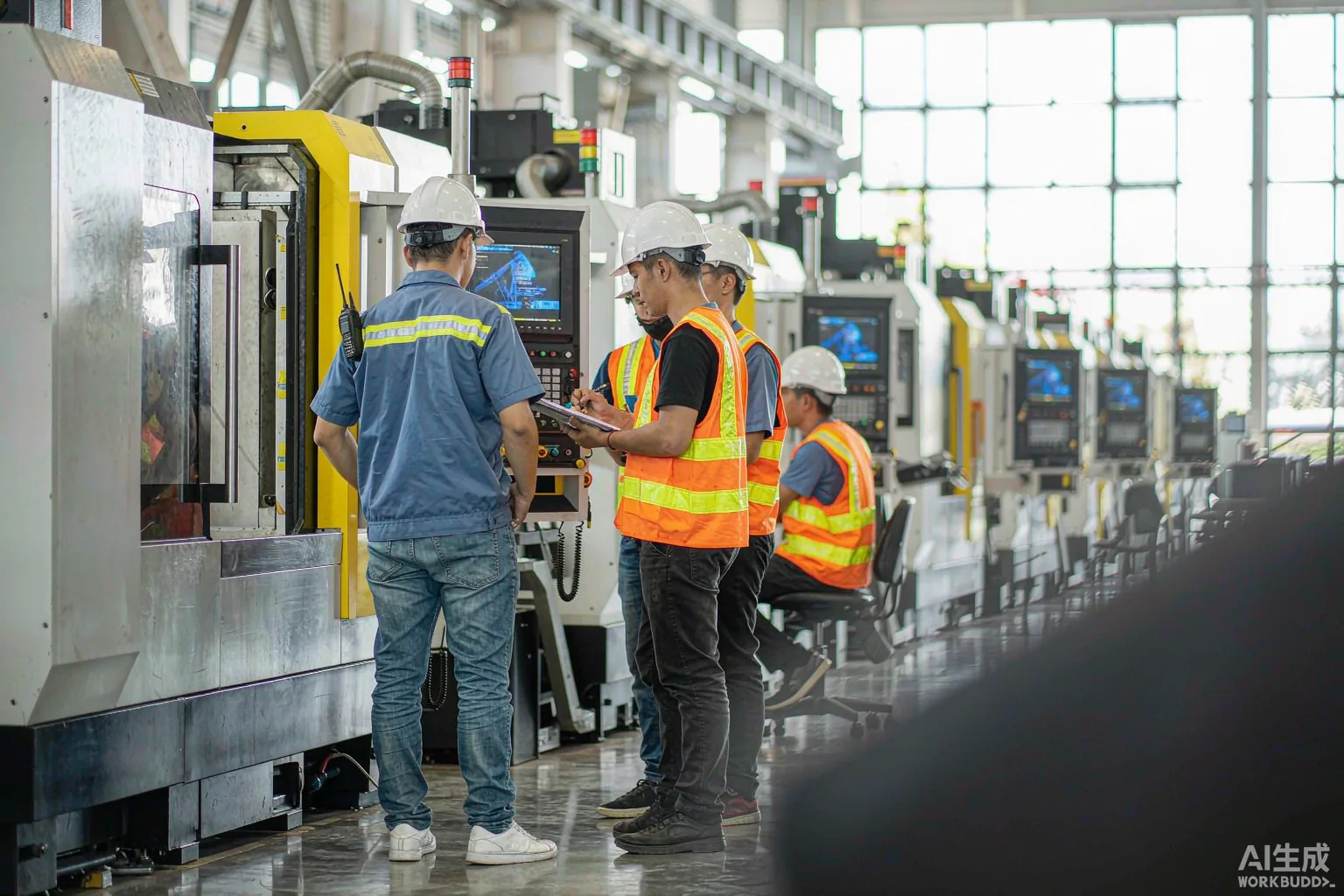 A turnkey CNC production cell being commissioned in a modern overseas factory, engineers inspecting the integrated line