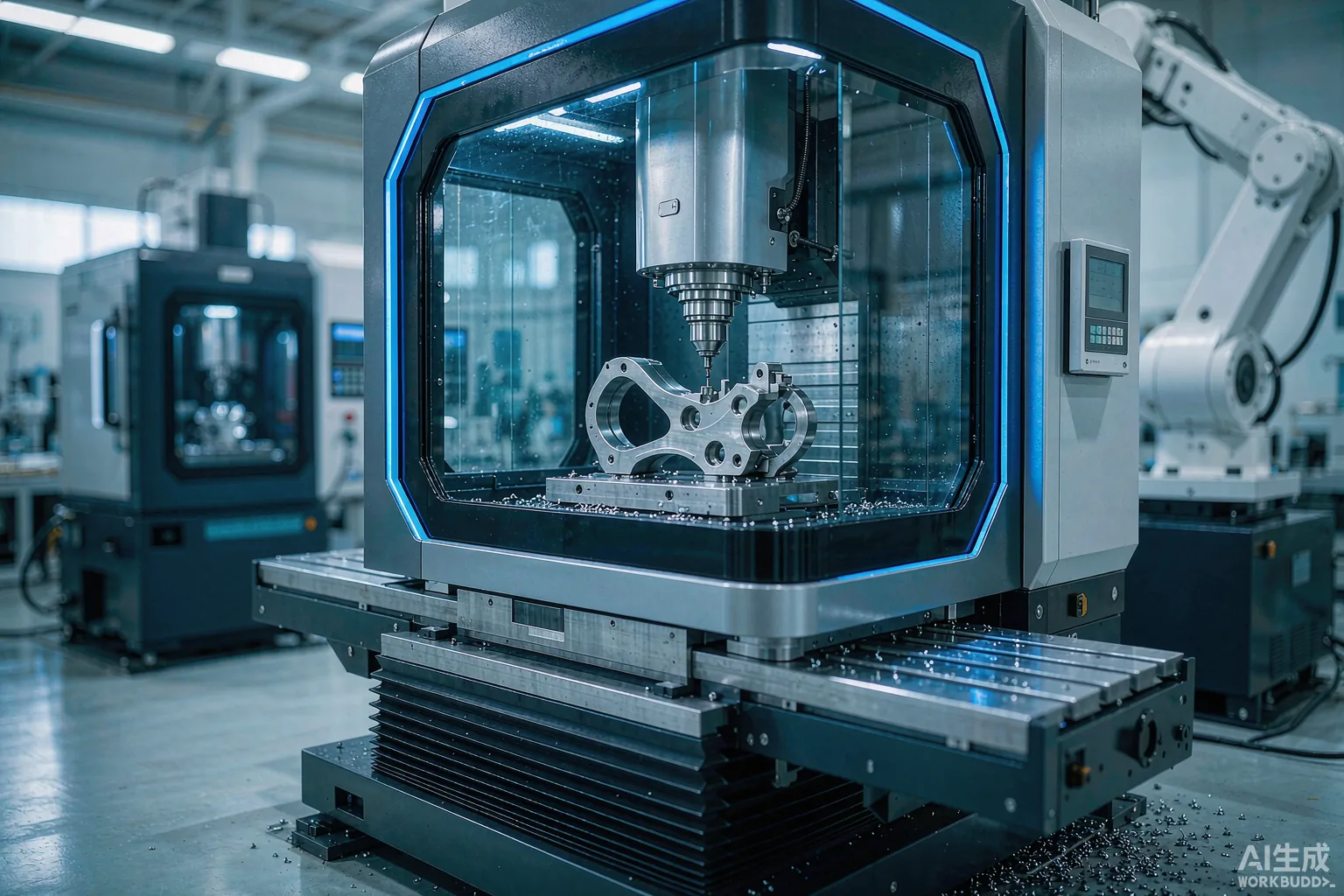Five-axis CNC machining center cutting a complex curved aerospace bracket in a modern factory