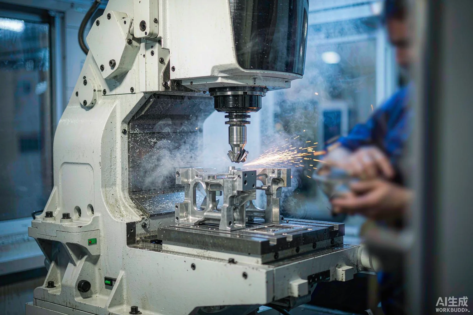 Five-axis machining center milling a complex aluminum automotive structural part