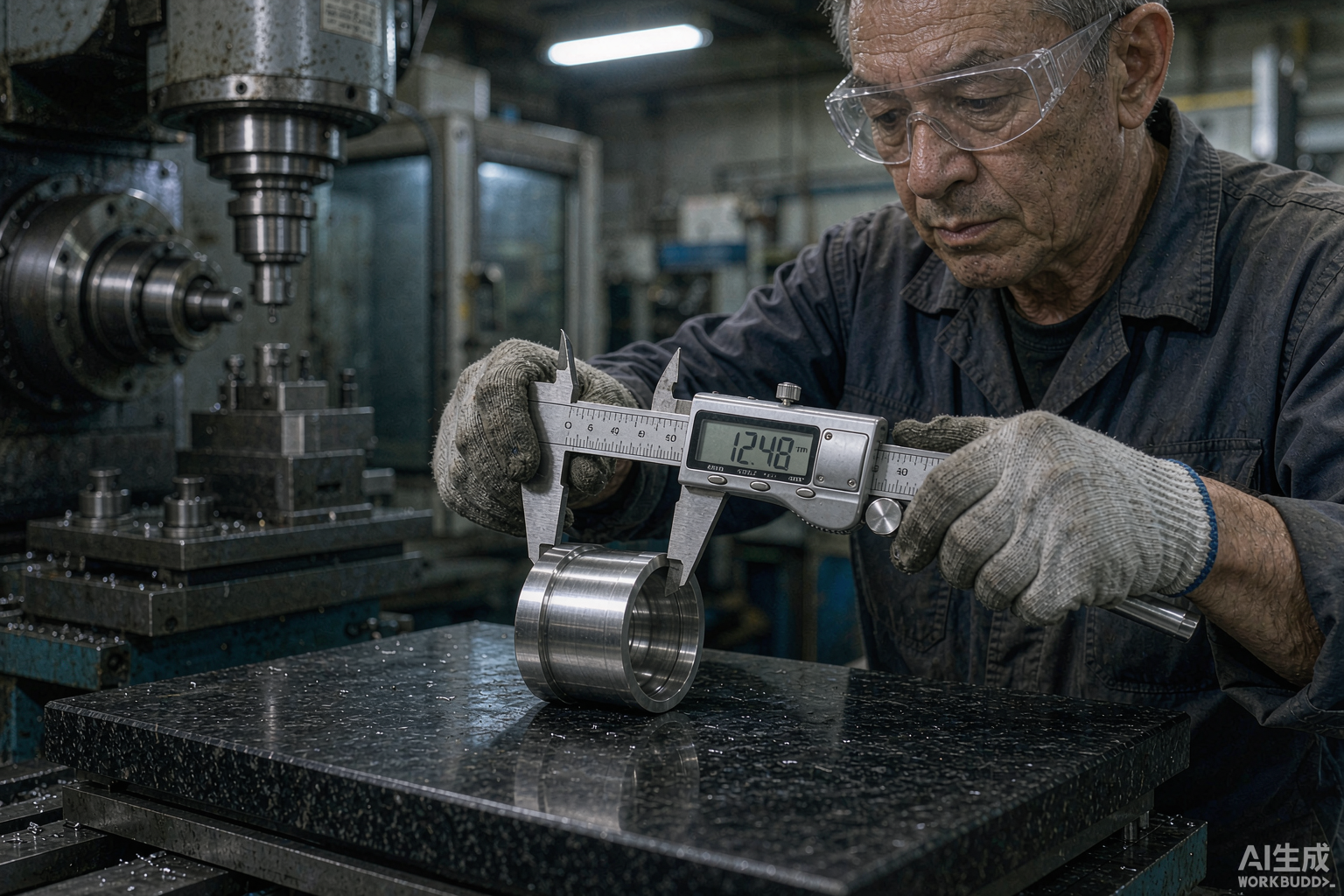 Machinist inspecting a thin-wall machined aluminium component with digital calipers on a granite surface plate