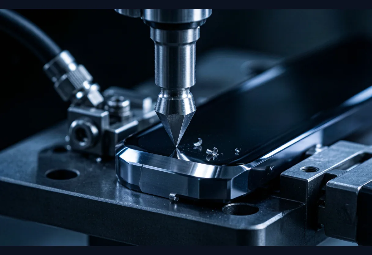 Macro shot of a diamond-tip cutter finishing the high-gloss edge of an aluminium smartphone middle frame