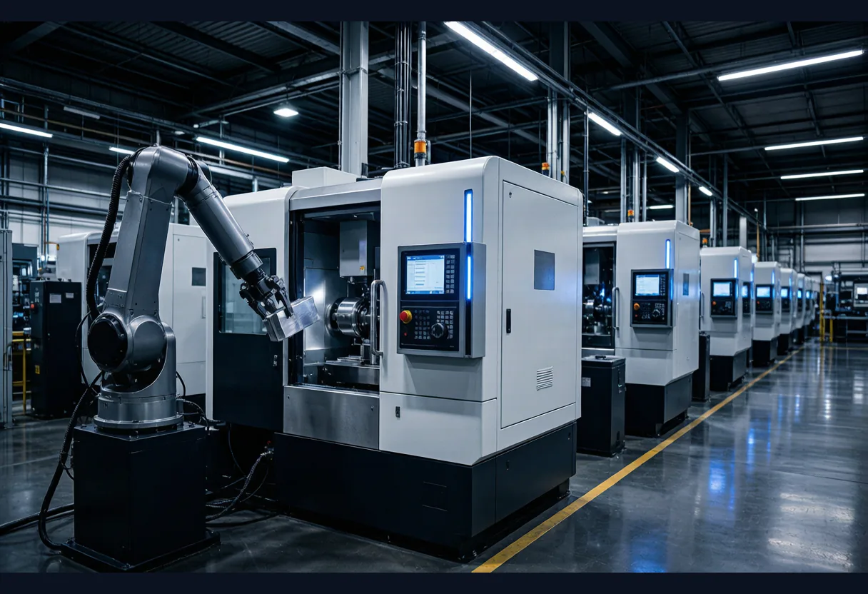 Row of compact drilling-tapping machining centers in a consumer-electronics parts plant