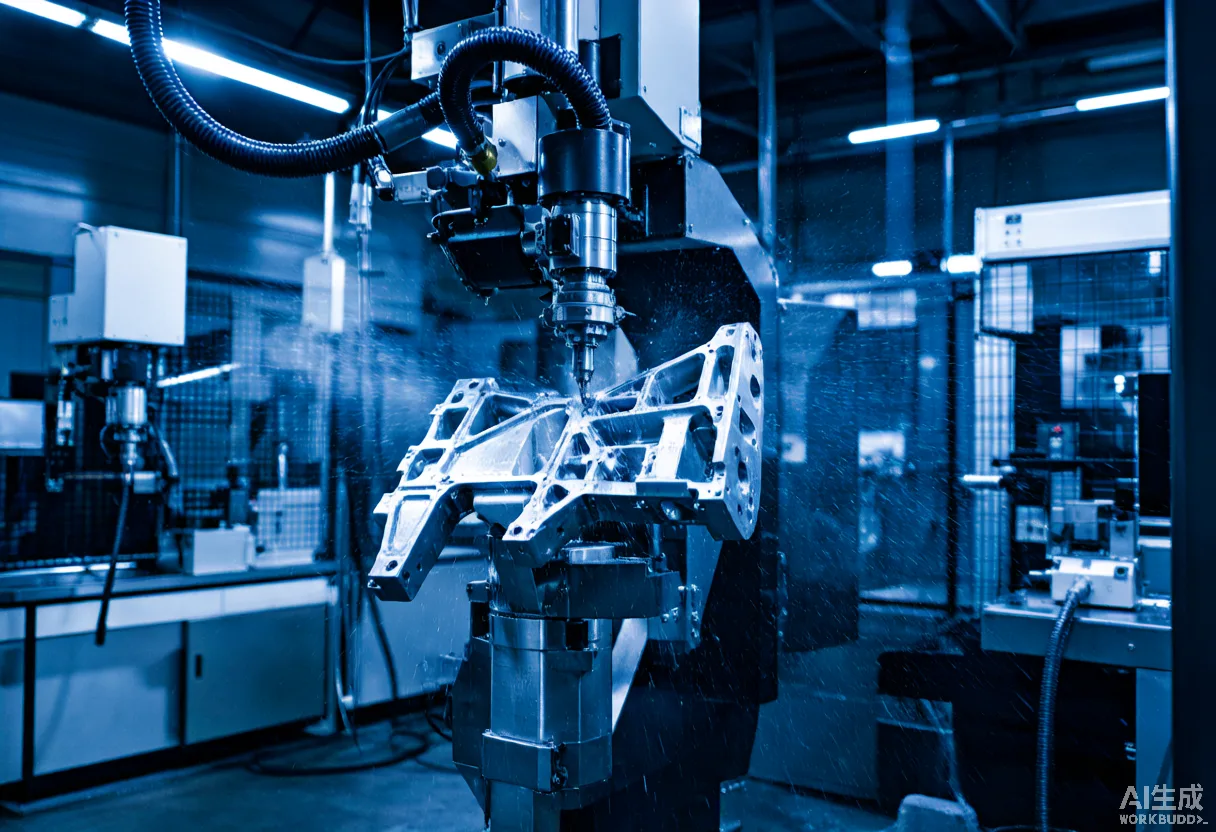 Five-axis CNC machining center cutting a complex aluminum automotive bracket
