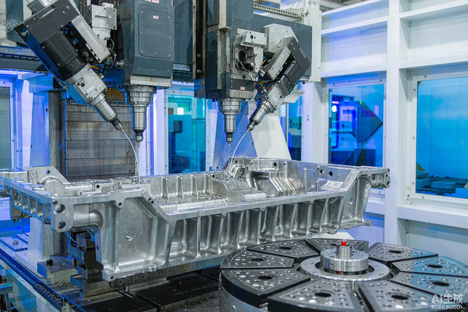 High-speed double-five-axis gantry CNC machining center cutting a large aluminium integrated die-cast automotive part in a modern factory