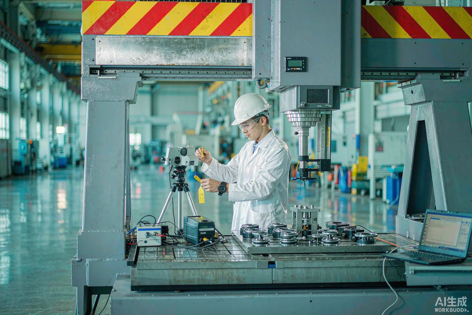 Technician performing a laser interferometer accuracy test on a gantry machining center in a temperature-controlled assembly hall