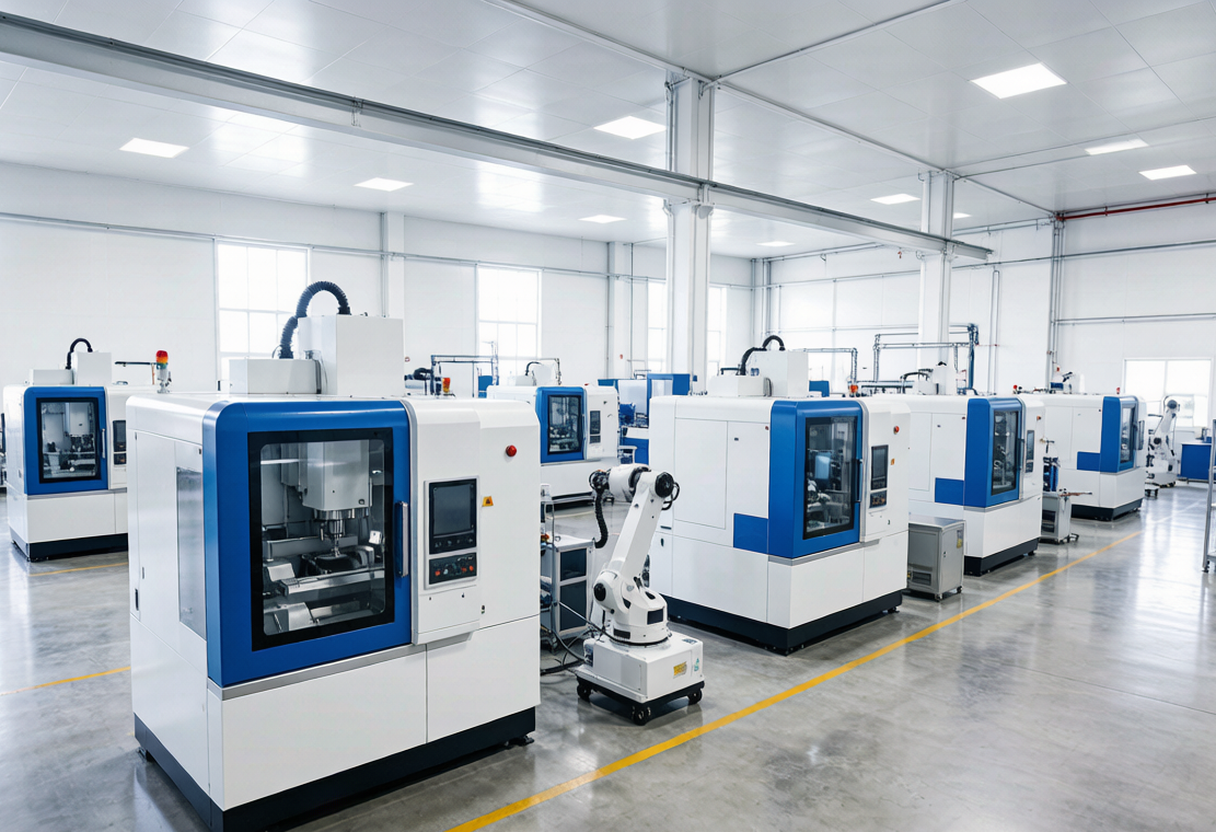 Inside a Gree Intelligent Equipment smart CNC machine-tool factory with rows of blue-accented five-axis machining centers