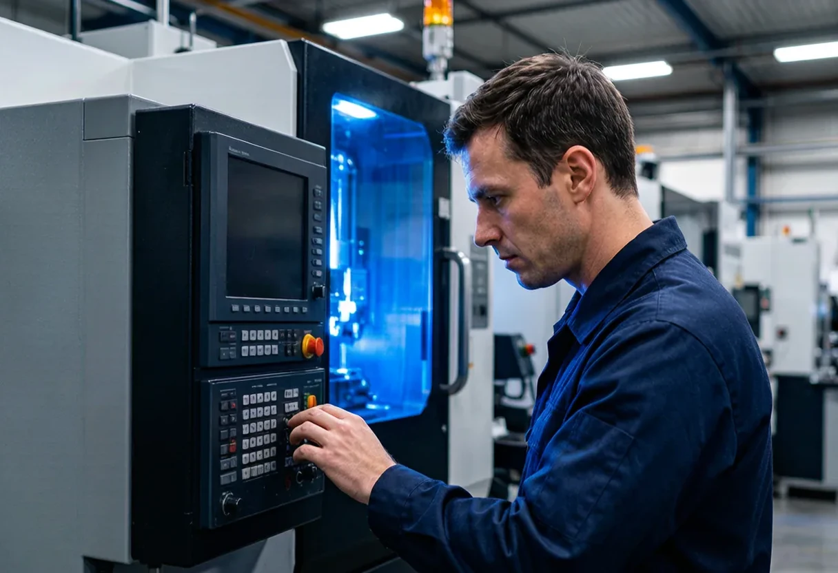 Engineer inspecting a blue-lit Gree five-axis vertical machining center on the factory floor