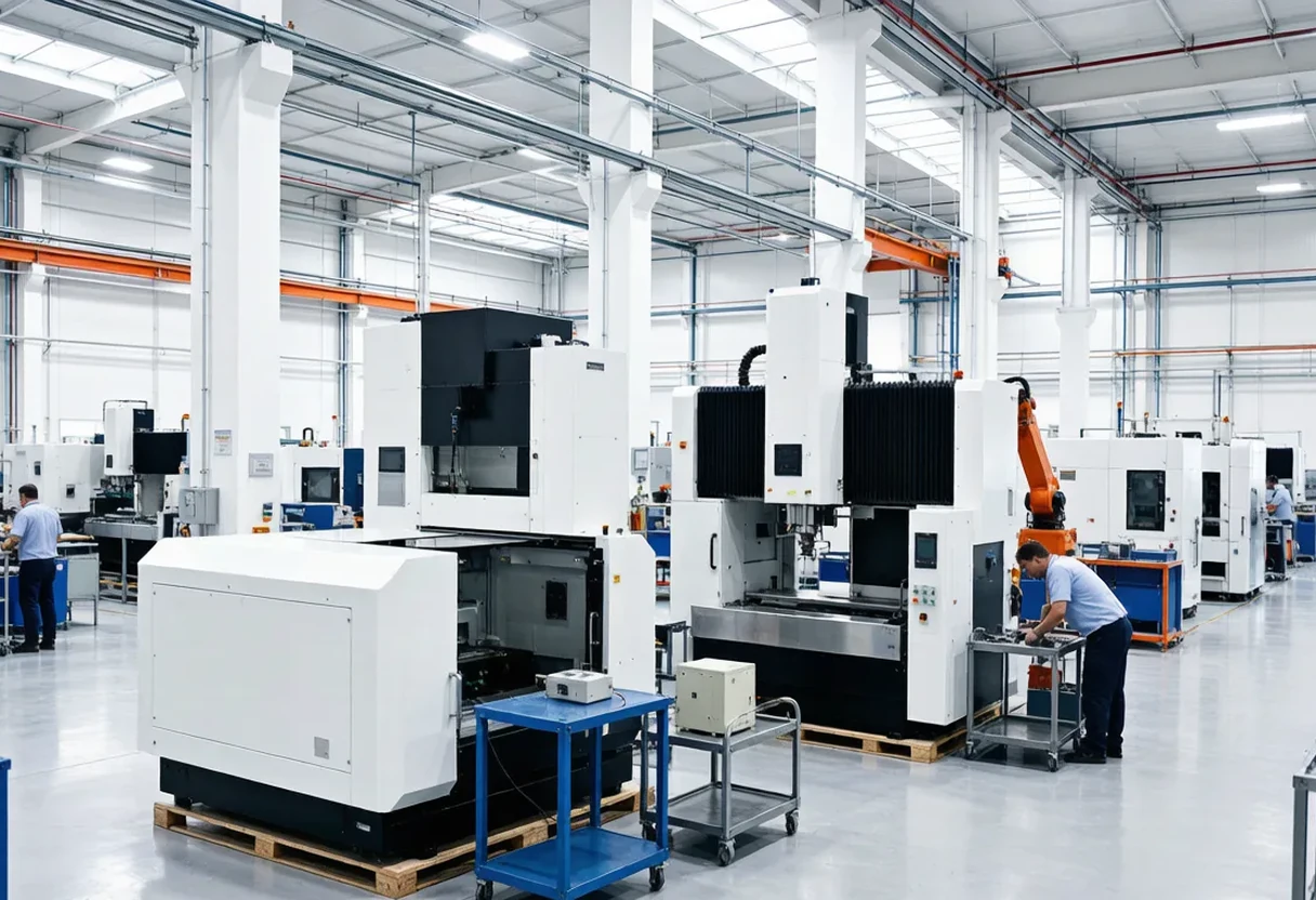 Clean high-tech CNC assembly workshop with gantry and vertical machining centers at different build stages