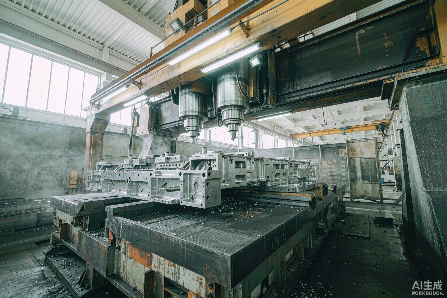 Gree twin-spindle gantry machining centre cutting a large aluminium structural part