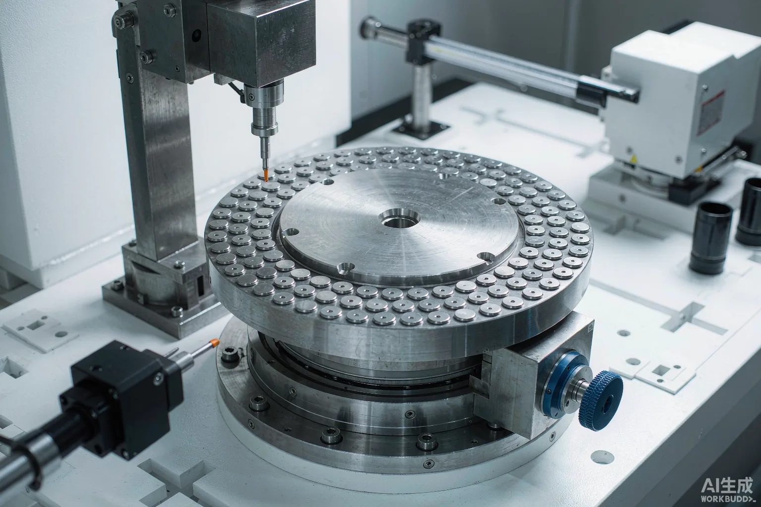 Direct-drive rotary table and grating scale being measured with a laser interferometer on a metrology bench