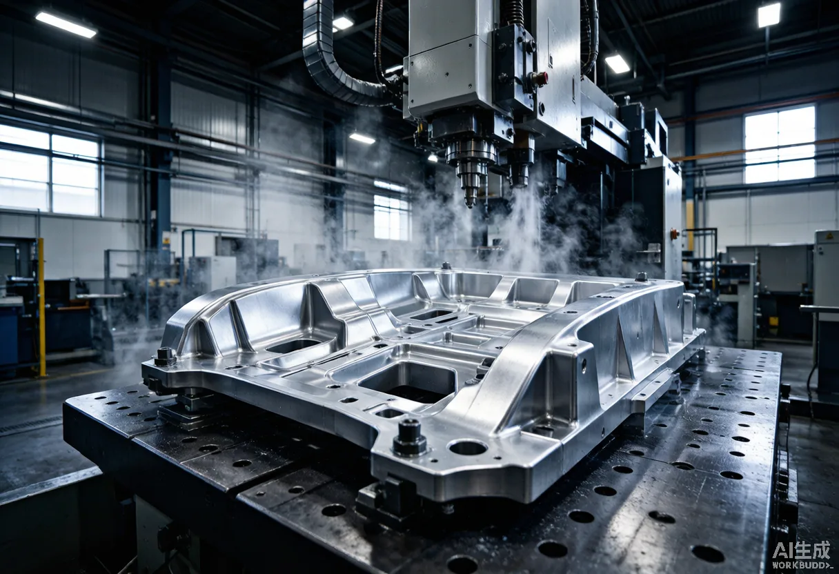 Large aluminum EV rear floor die-casting being machined on a five-axis gantry