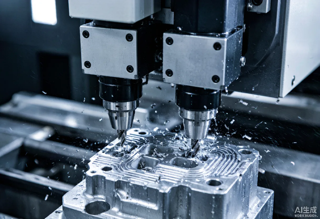 Close-up of a dual-spindle gantry machining center cutting an integrated die-casting