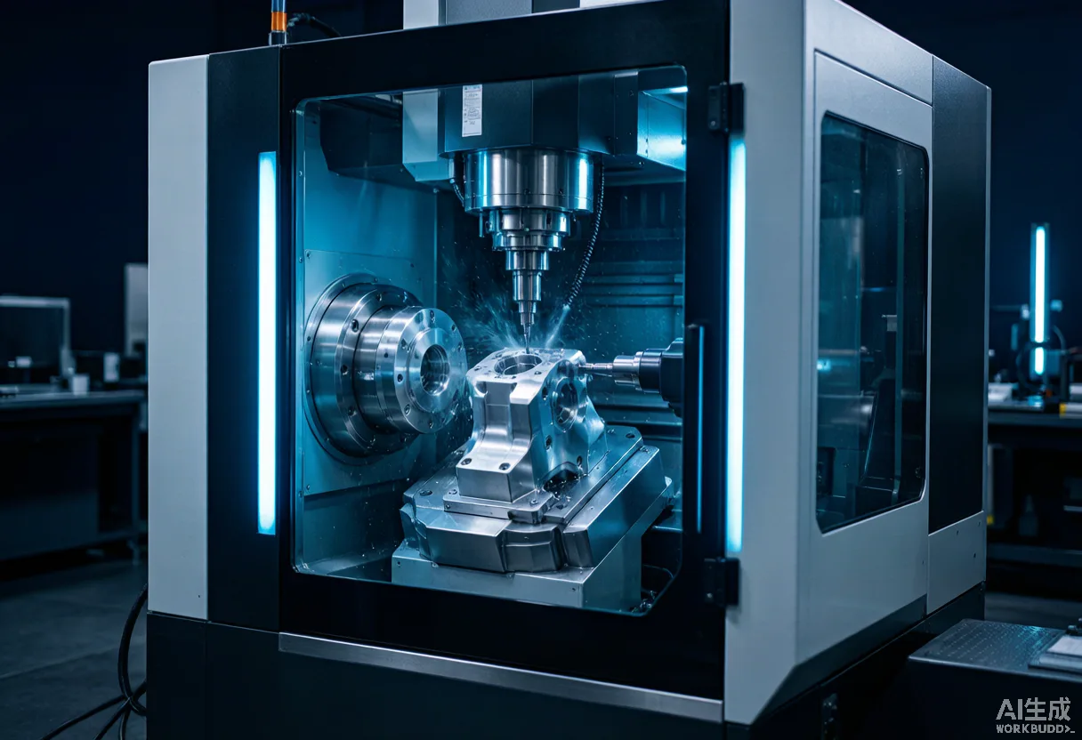 Gree five-axis CNC machining center with direct-drive cradle table cutting an aluminium humanoid robot joint housing