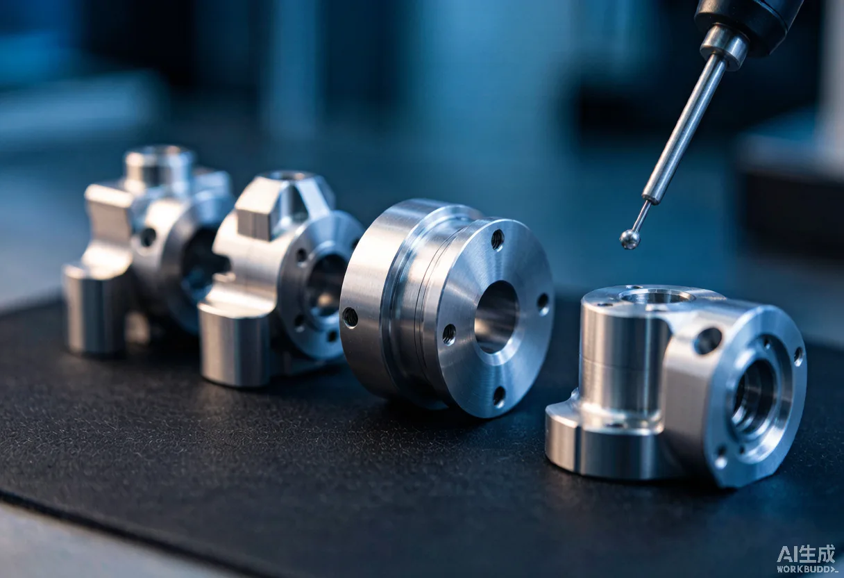 Machined aluminium humanoid robot joint parts including harmonic reducer housings, flanges and bearing seats under CMM inspection