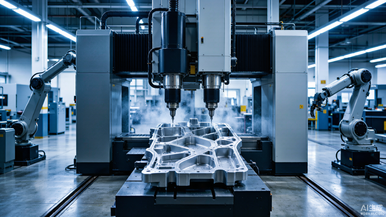 Dual-beam five-axis gantry machining center cutting an automotive integrated die-casting part