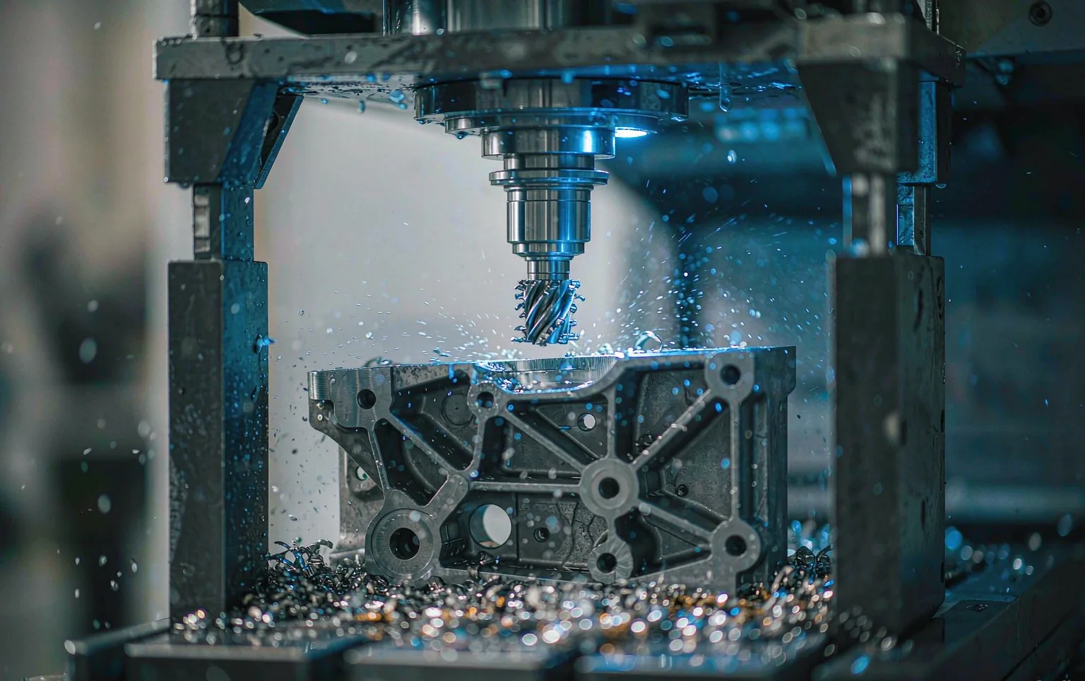 Five-axis CNC machining center cutting a complex aluminium automotive bracket on a Gree shop floor