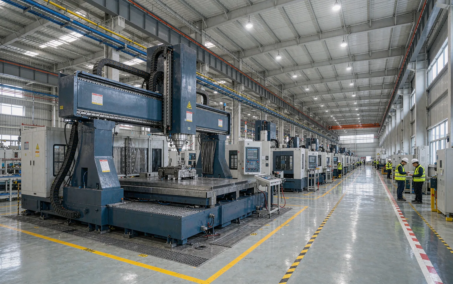 Gree smart factory floor with a large gantry five-axis machining center under plant lighting