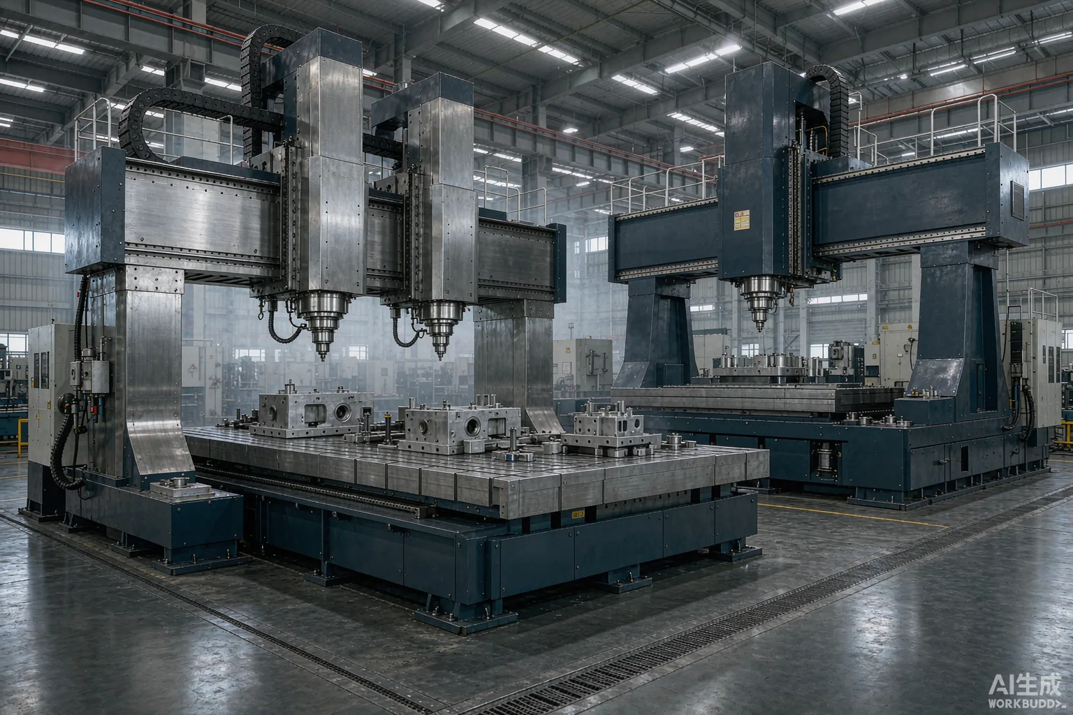 Gree CNC dual five-axis gantry machining center compared with a large Haitian Precision double-column gantry mill in an industrial hall