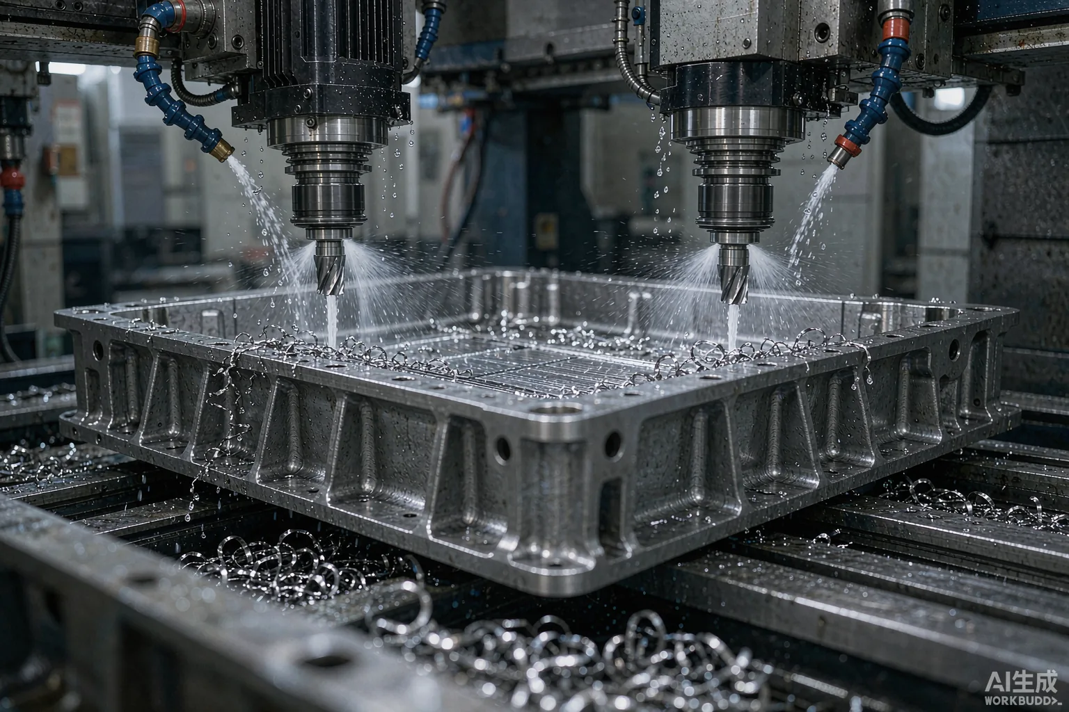 Close-up of a dual-spindle five-axis gantry machining center cutting a large aluminium battery tray casting