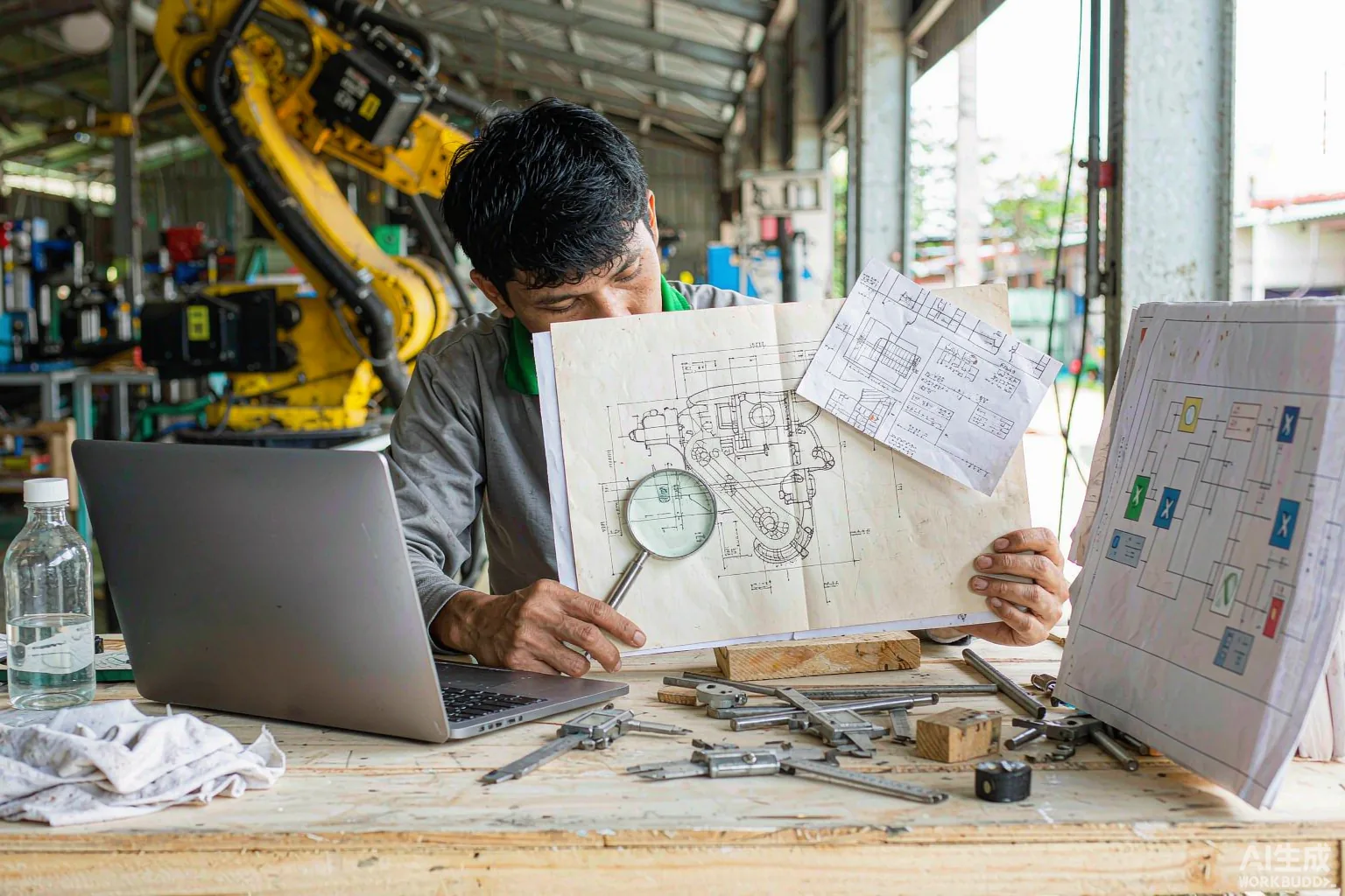 Production planner reviewing part drawings and machine envelope specifications before choosing a machining center