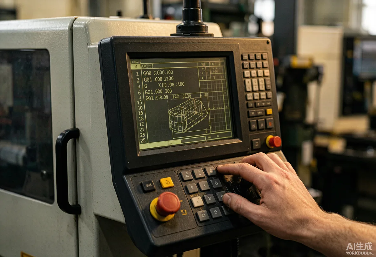 Close-up of a CNC control panel showing a machining program