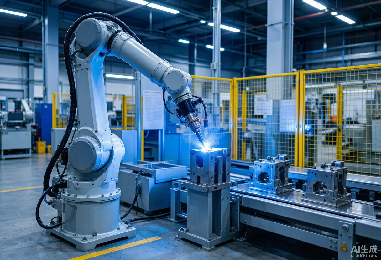 Six-axis industrial robotic arm in a manufacturing cell